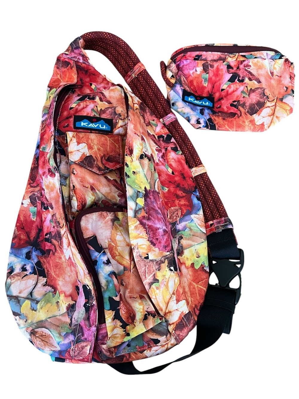 KAVU Rope Sling Bag + Matching Zip Pouch – “Leaf Me Be” Pattern NWOT